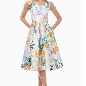 Kay Unger Irene Floral Print Mikado Cocktail Midi Dress Size 16 New